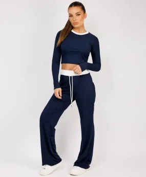 Navy Wide Leg Trousers and Long Sleeve Top Loungewear Set