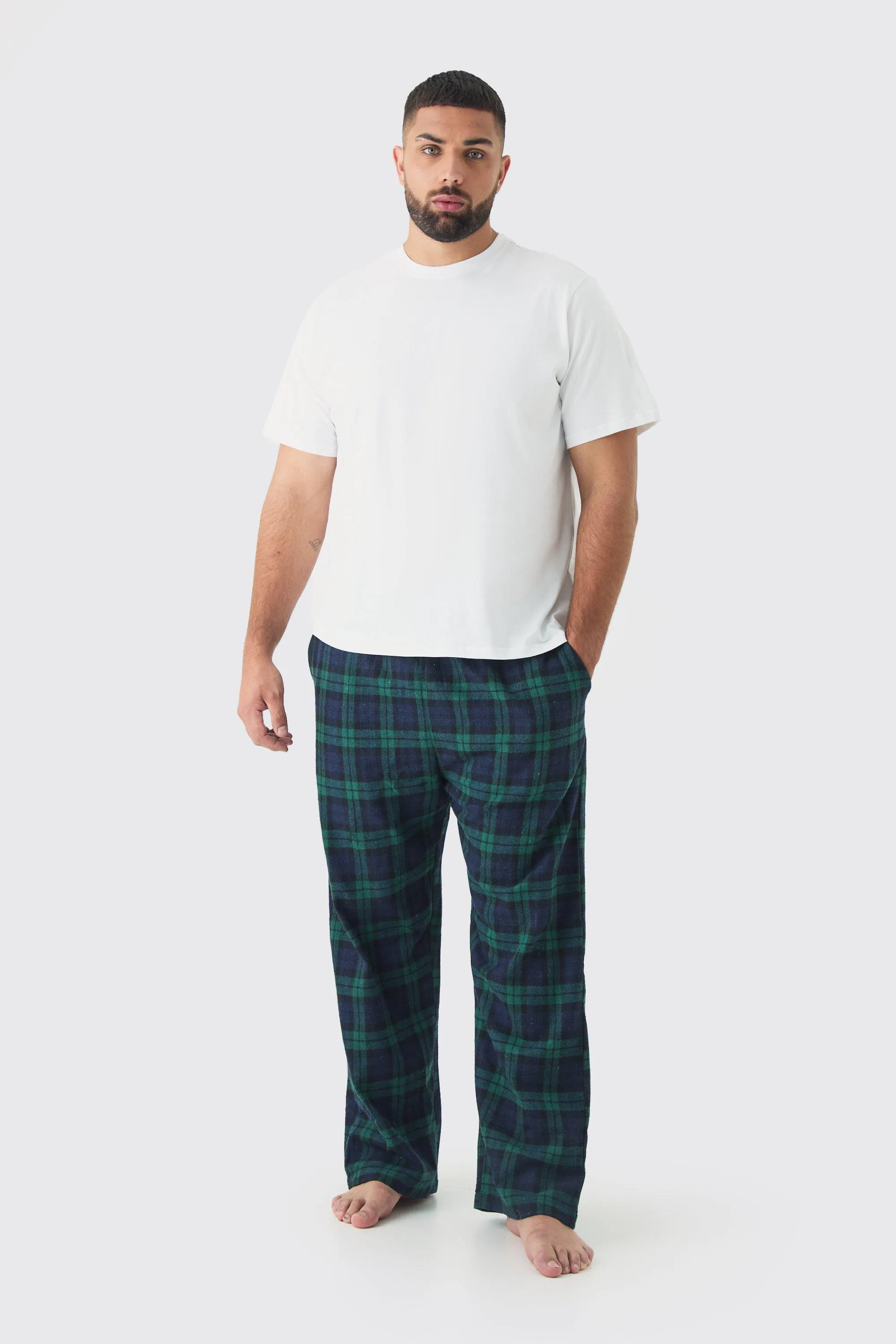 Plus Brushed Check Loungewear Bottom and T-shirt Set in Green